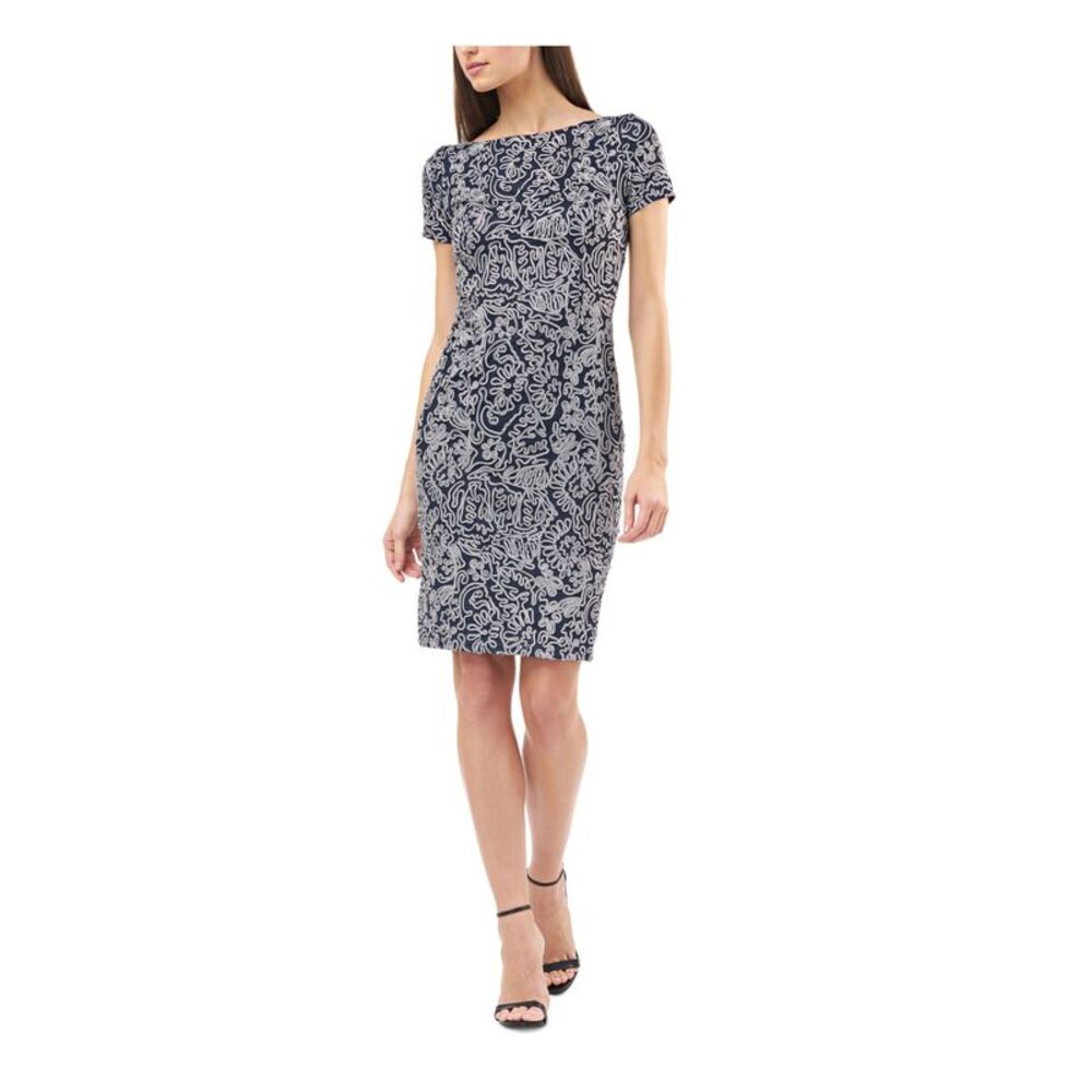 NWT JS COLLECTION Womens Navy Short Sleeve Short Cocktail Sheath Dress 4